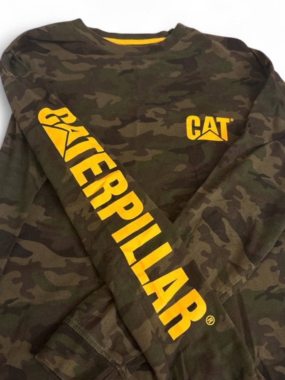 Caterpillar Camouflage Long Sleeve Tee with Yellow Logo